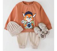 Shein Set de 2 piezas con suéter de cuello redondo de manga larga y pantalones de cintura elástica con estampado de zorro de dibujos animados para niño pequ