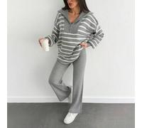 Shein Set de 2 piezas con suéter de manga larga con estampado de rayas y pantalones de un solo color para mujeres