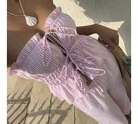 Shein Set de 2 piezas con top bustier con volantes y amarres en la parte delantera y pantalones a rayas para mujer