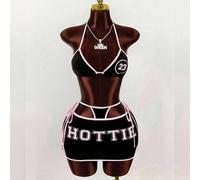 Shein Set de 2 piezas con top corto tipo camiseta sin mangas con tirantes contrastantes y falda mini con lazo en la cintura, con grafismos y tiro bajo
