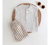 Shein Set de 2 piezas con Top de cuello redondo sin mangas con media cartera y shorts a rayas de cintura elástica para bebé niño