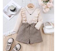 Shein Set de 2 piezas con top de manga larga con volante tejido y shorts a cuadros con moño, conjunto de moda para otoño/invierno para niña joven
