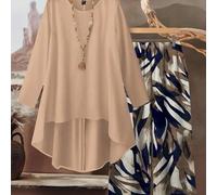 Shein Set de 2 piezas con top de manga larga de cuello redondo y pantalones de ajuste holgado con estampado geométrico y graffiti casual, adecuado para prim
