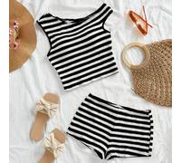 Shein Set de 2 piezas con top de tirantes y shorts a juego estampado con rayas y cuello asimétrico para mujer