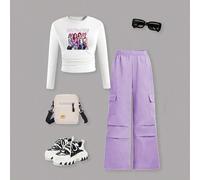 Shein Set de 2 piezas con top estampado de grupo femenino de K-pop y pantalones cargo rectos de pierna púrpura, moda casual y ropa de calle para adolescente