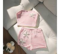 Shein Set de 2 piezas con top tipo bralette a rayas amarillas y blancas con bordado de estrella de mar 3D y tela de textura suave de burbujas + pantalón tip