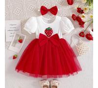 Shein Set de 2 piezas con vestido de malla con estampado de fresa y flor para bebés/niñas, y blusa blanca de manga abullonada con falda de malla roja a colo