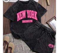 Shein Set de 2 piezas Conjunto de ropa de mujer estilo "New York" con estampado gráfico Y2K, camiseta de algodón lavado de cuello redondo negro y pantalones