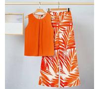 Shein Set de 2 piezas Conjunto de vacaciones con estampado naranja para mujer, apropiado para el verano
