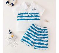 Shein Set de 2 piezas Conjunto de verano para niños: Máscara de buceo y camisa polo con estampado de palmera + Pantalones cortos con estampado de olas y pal