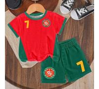 Shein Set de 2 piezas Conjunto deportivo cómodo y versátil para niños pequeños, con diseño de logotipo de fútbol con el número 7, adecuado para usar en prim