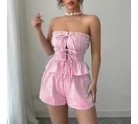 Shein Set de 2 piezas: Crop top con volantes y lazo delantero a rayas azules + Shorts de cintura elástica, adecuado para vacaciones de verano