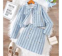 Shein Set de 2 piezas de atuendo elegante para niña preadolescente, conjunto de abrigo y falda de tweed, decorado con botones de perlas falsas, ropa para ni