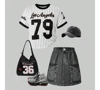 Shein Set de 2 piezas de blusa de béisbol "Sweet & Spicy Los Angeles 79" y falda con estampado de efecto denim para niñas, estilo Y2K streetwear, adecuado p