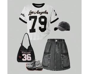 Shein Set de 2 piezas de blusa de béisbol "Sweet & Spicy Los Angeles 79" y falda con estampado de efecto denim para niñas, estilo Y2K streetwear, adecuado p