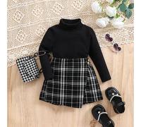 Shein Set de 2 piezas de blusa de manga larga negra de punto y shorts plisados de cintura elástica a cuadros para niña bebé, otoño/invierno