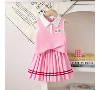 Shein Set de 2 piezas de blusa de polo sin mangas de punto y falda mini plisada para niñas, adecuado para la escuela, viajes, actividades al aire libre, act