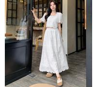 Shein Set de 2 piezas de blusa holgada bordada a ganchillo y falda para mujer, conjunto de ropa de estar en casa para otoño/invierno para volver al colegio
