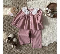 Shein Set de 2 piezas de camisa de cuello Peter Pan de estilo campestre tejida y conjunto de pana caqui para bebé niña recién nacida y niña pequeña de 0 a 3