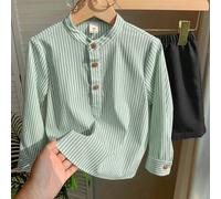 Shein Set de 2 piezas de camisa de manga larga con cuello a rayas y pantalón corto de unicolor para niños, versátil y cómodo, adecuado para la escuela, el j