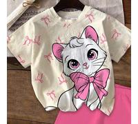 Shein Set de 2 piezas de camiseta de manga corta con cuello redondo y leggings estilo princesa con estampado de gato y lazo, en color rosa crema, estilo cas