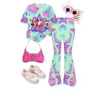 Shein Set de 2 piezas de camiseta de manga corta con cuello redondo y pantalones acampanados con estampado de tie-dye de niña K-POP y estrella de cinco punt