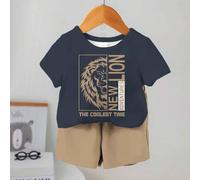 Shein Set de 2 piezas de camiseta de manga corta de cuello redondo con gráfico de león y leo y shorts informales para bebé niño, para el verano