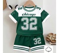 Shein Set de 2 piezas de camiseta de manga corta y pantalones cortos casuales para niños pequeños con estampado numérico 32, Chicago, estrella, rayas y bloq