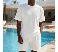 Shein Set de 2 piezas de camiseta de textura de verano + pantalones cortos para hombres, estilo casual francés para vacaciones, adecuado para cata de vinos,