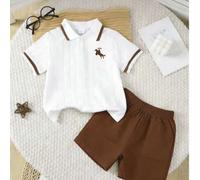 Shein Set de 2 piezas de camiseta polo de manga corta con bordado de poni lindo para niño pequeño y pantalones cortos casuales de verano