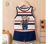 Shein Set de 2 piezas de chaleco y pantalones cortos de punto con estampado de rayas y oso lindo para bebés niños, adecuado para salir, ocio y estilo escola