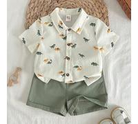 Shein Set de 2 piezas de chaqueta de punto de cuello redondo de manga corta con estampado de animales de dibujos animados y pantalones cortos de cintura elá