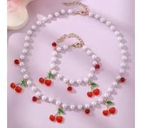 Shein Set de 2 piezas de collar y pulsera de joyería con cuentas de perlas falsas con diseño de fresa y cereza, adecuado para uso diario, vacaciones, fiesta