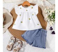 Shein Set de 2 piezas de conjunto de top bordado con flores lindas y shorts vaqueros para niña bebé