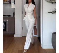 Shein Set de 2 piezas de elegante y casual conjunto de negocios de estilo francés con chaleco sin mangas con cintura anudada + pantalones anchos de pierna a