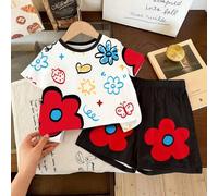 Shein Set de 2 piezas de pantalón corto y blusa de manga corta de estilo minimalista casual para niña, adecuado para el verano, con estampados clásicos de f