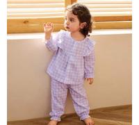 Shein Set de 2 piezas de pantalones a cuadros clásicos y elegantes en morado, y una blusa de manga larga casual y cómoda para niñas bebés
