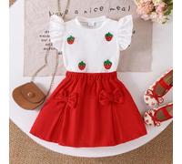 Shein Set de 2 piezas de parte superior con mangas tipo casquillo con estampado de fresa + falda de pana con lazo, estilo casual de verano para niñas