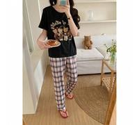 Shein Set de 2 piezas de pijama casual y holgado para niñas preadolescentes de seda de leche: Camiseta de cuello redondo de manga corta con gráfico de oso m