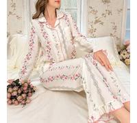 Shein Set de 2 piezas de pijama con cuello con volantes, estampado de textura de burbujas y abertura frontal, temporada festiva, esplendor floral abundante,