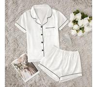 Shein Set de 2 piezas de pijama con cuello de solapa de imitación de seda y shorts a juego en color blanco, ropa de otoño e invierno cómoda y elegante