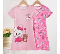Shein Set de 2 piezas de pijama con estampado de ovejas de dibujos animados lindos para niñas, de moda minimalista en rosa y gris, ropa de dormir
