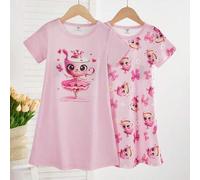 Shein Set de 2 piezas de pijama con estampado de ovejas de dibujos animados lindos para niñas, de moda minimalista en rosa y gris, ropa de dormir