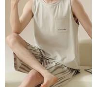 Shein Set de 2 piezas de pijama de camiseta de tirantes y pantalones cortos de unicolor, diseño minimalista con estampado de letras, para hombres, para prim