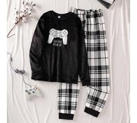 Shein Set de 2 piezas de pijama de invierno/otoño para adolescentes, con top de manga larga con bordado de videojuego en felpa y pantalones clásicos a cuadr