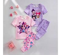 Shein Set de 2 piezas de pijama de primavera/verano para niñas jóvenes, con parte superior de manga corta ajustada y pantalones, estampado de banda de dibuj