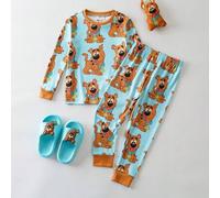 Shein Set de 2 piezas de pijama de punto con estampado de perro de dibujos animados divertido para niño pequeño, que incluye top de cuello redondo de manga