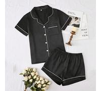 Shein Set de 2 piezas de pijama de seda sintética con diseño de cuello vuelto y pespunte en los bordes, ropa de otoño e invierno cómoda y elegante