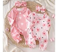 Shein Set de 2 piezas de pijama de una pieza de manga larga y diadema para recién nacidos, con estampado floral y de corazones, volantes en el bajo, mono ca