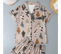 Shein Set de 2 piezas de pijama de verano, top de manga corta con cuello polo y botones, y shorts con cintura elástica, con estampado de gato de dibujos ani